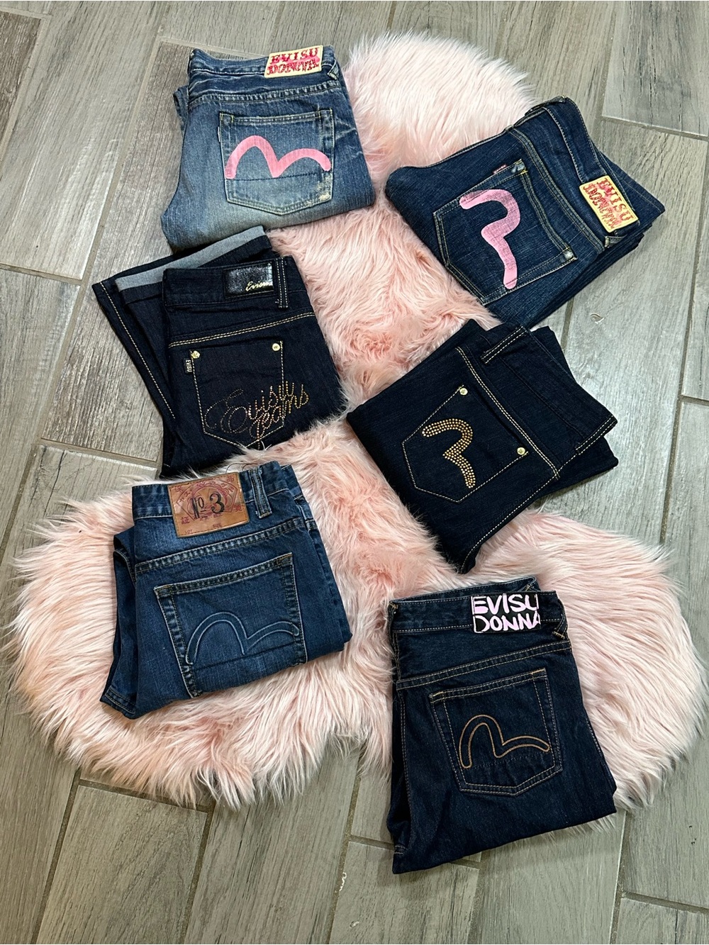 Evisu Women's Assorted Blue Denim Jeans with Pink Logo Accents